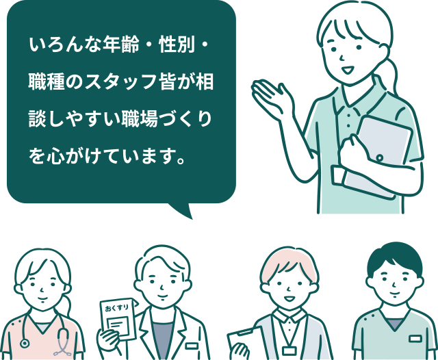 いろんな年齢・性別・職種のスタッフ皆が相談しやすい職場づくりを心がけています。